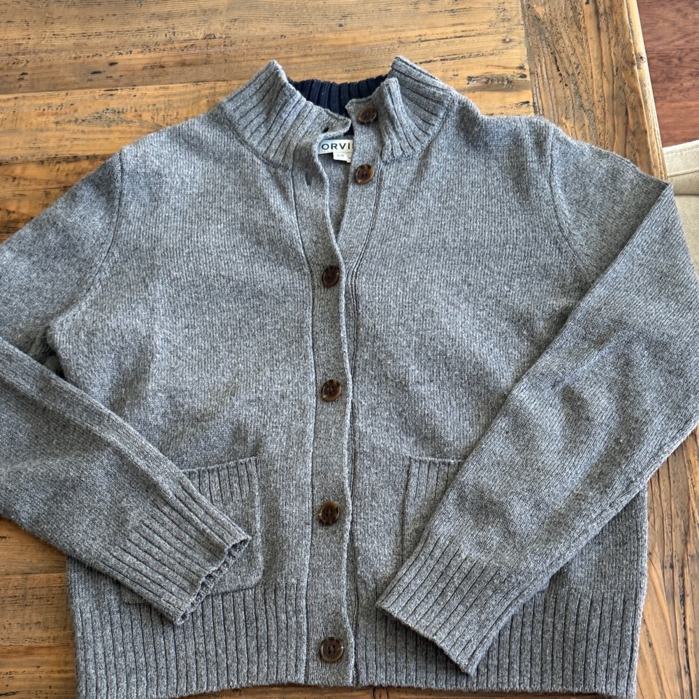 Women’s Orvis  Navy and Gray Wool Cardigan with brown buttons